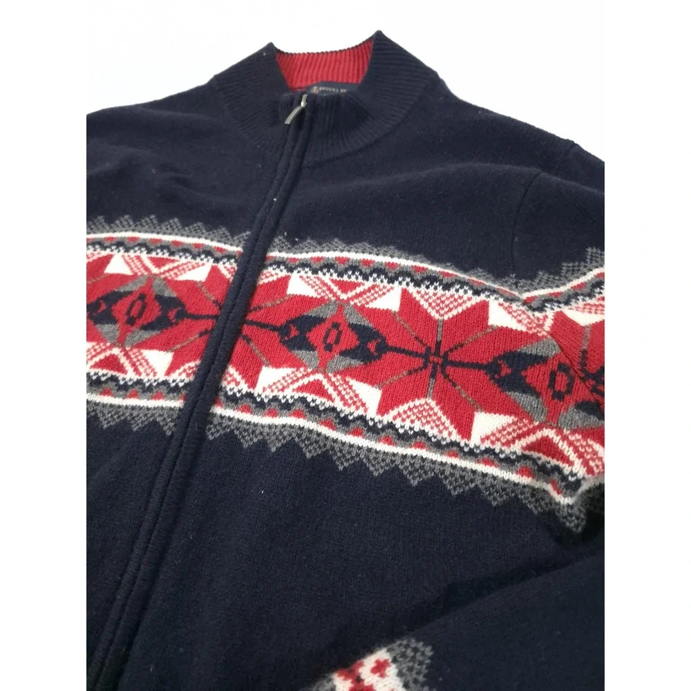 Brooks Brothers Sweater Mens M Blue Wool Full Zip Fair Isle Mock Neck Knit